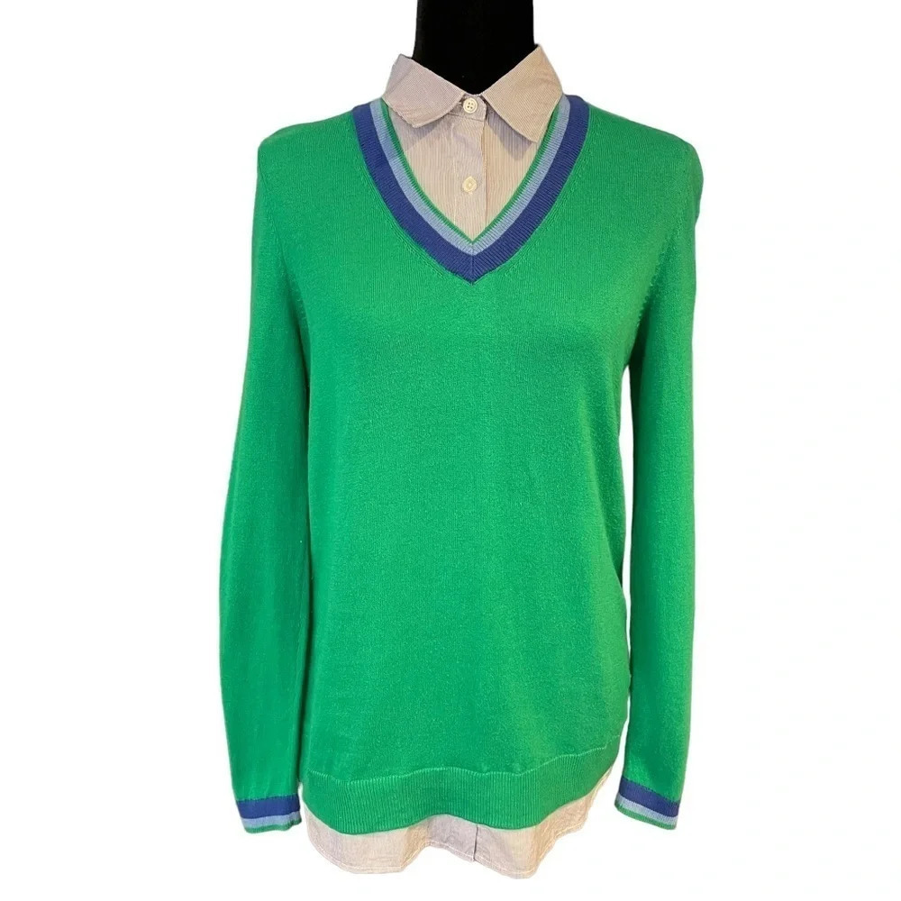 Talbots Green Sweater Built in Striped Collar Cashmere blend sweater Blouse XS
